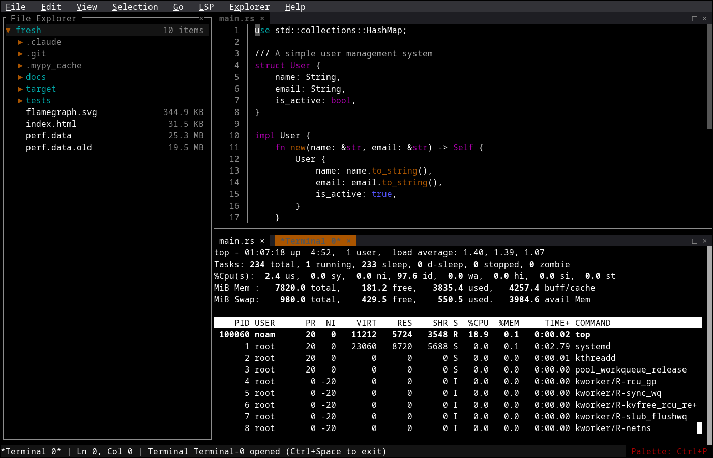 Fresh terminal text editor showing file explorer, syntax-highlighted code, and integrated terminal