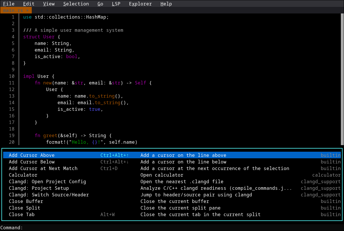 Command palette showing available commands