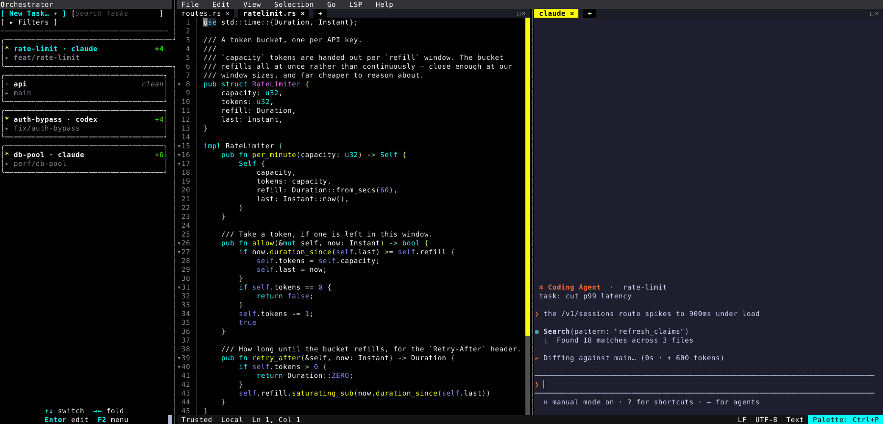 Switching between three git worktrees, each with its own coding agent, from the Orchestrator dock