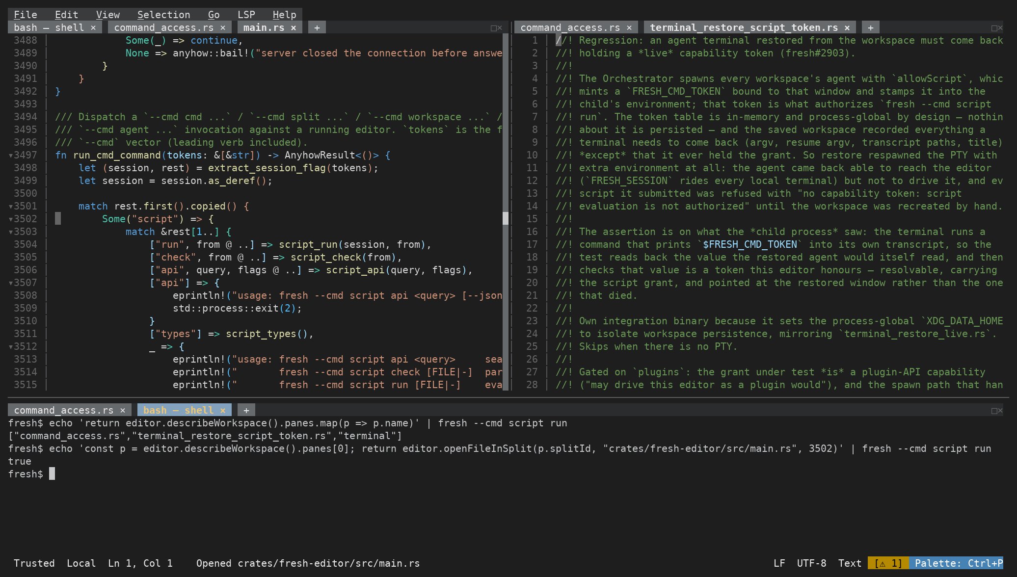 Two one-liners run from a pane inside the editor, with their answers