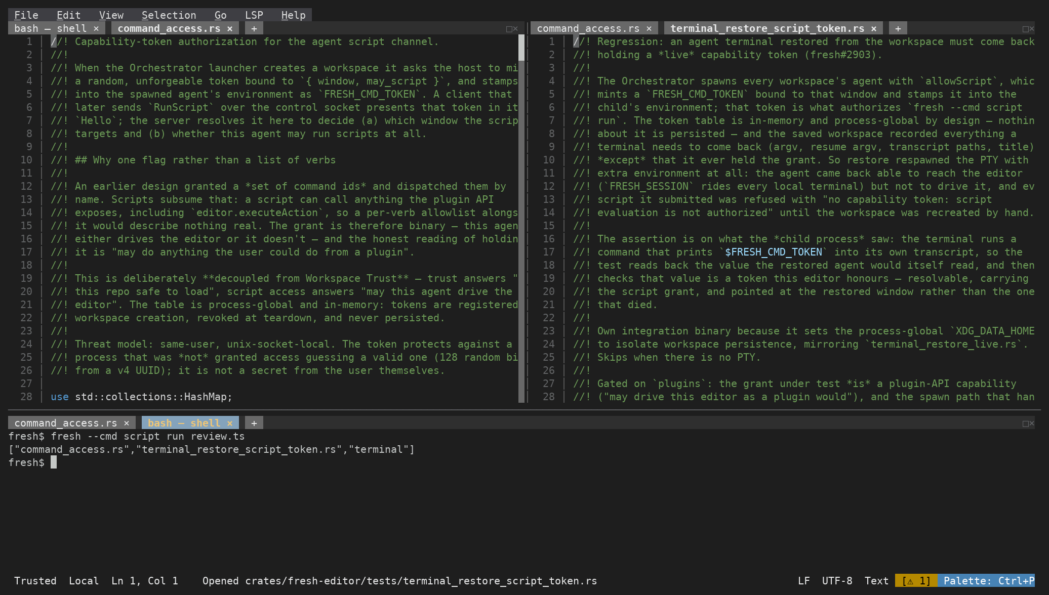 The layout the script built: source and test side by side, terminal below