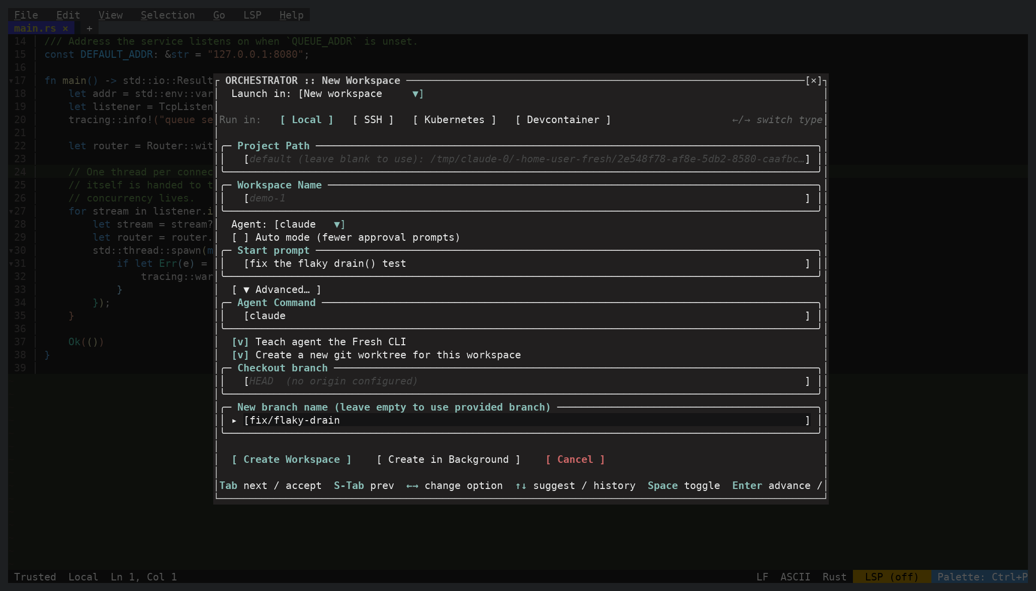 The New Workspace dialog with an agent selected and the advanced options expanded