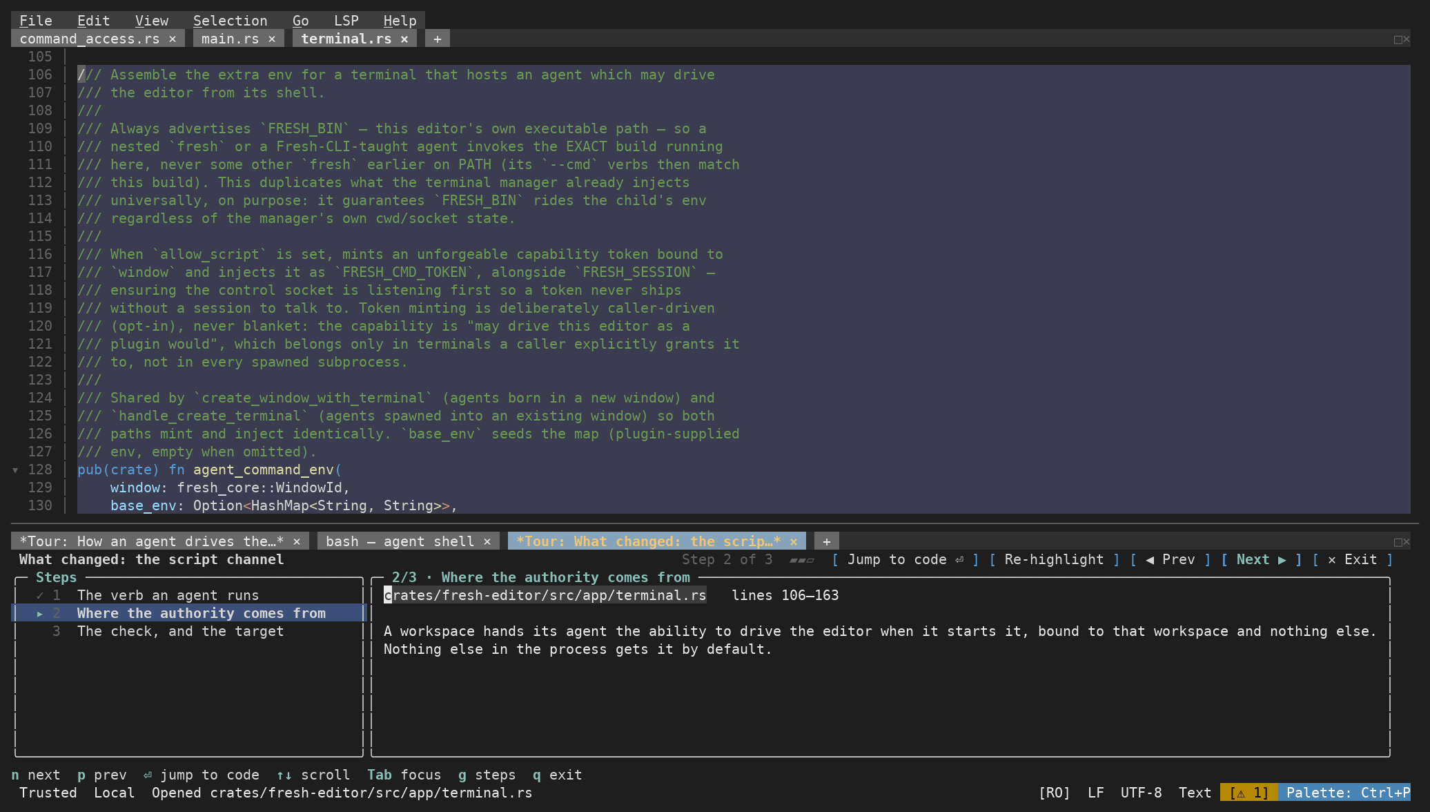 A tour written and opened by a script, with the step's lines highlighted above